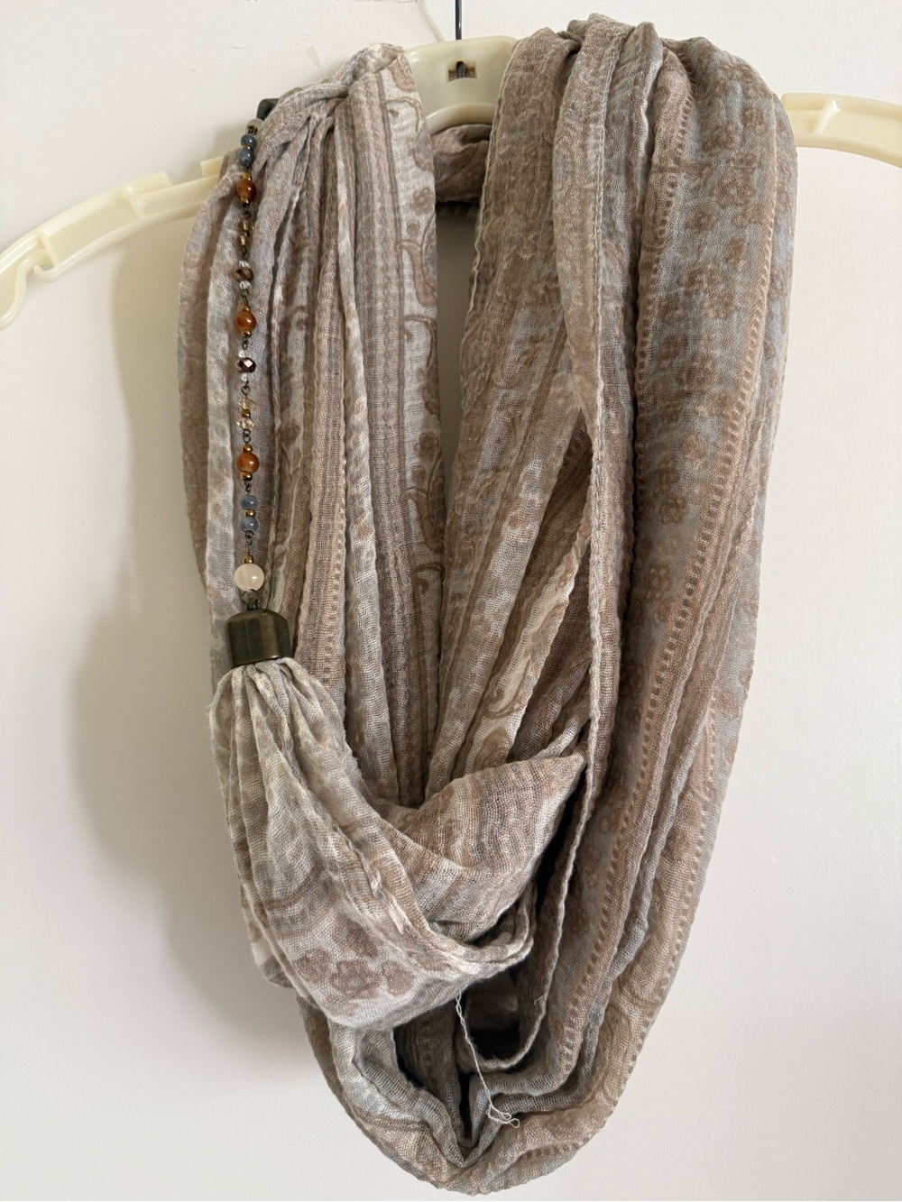Light Taupe Cotton Patterned Infinity Scarf with Beaded Tassel